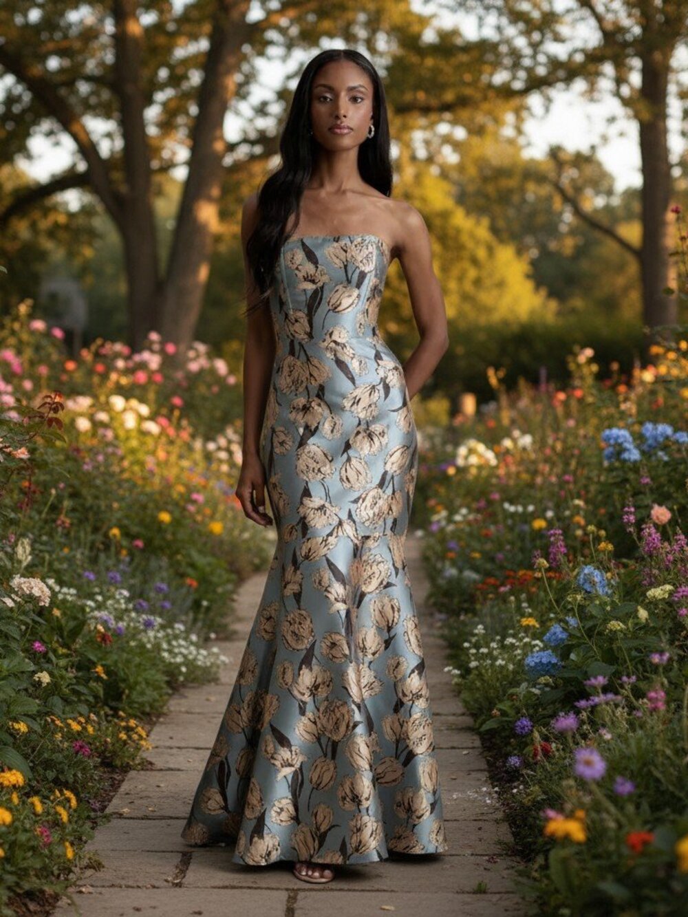 Lulus Gowning Around Slate Blue Floral Jacquard Strapless Maxi Dress NWT